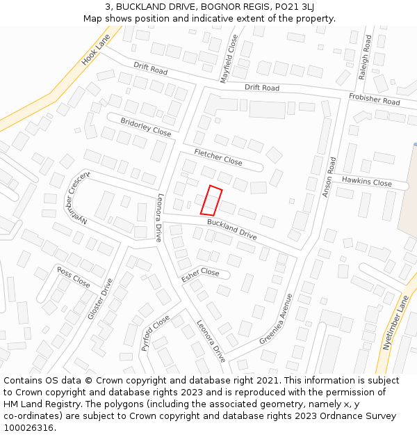 3, BUCKLAND DRIVE, BOGNOR REGIS, PO21 3LJ: Location map and indicative extent of plot