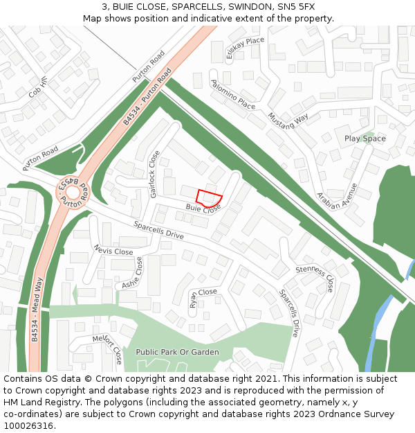 3, BUIE CLOSE, SPARCELLS, SWINDON, SN5 5FX: Location map and indicative extent of plot