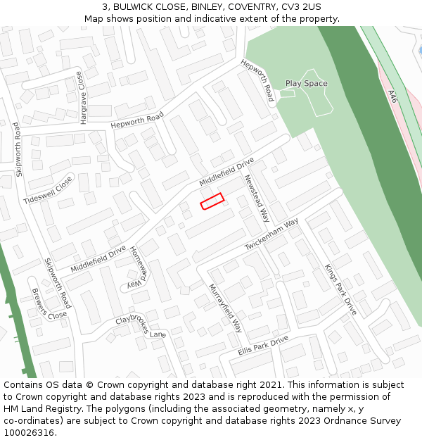 3, BULWICK CLOSE, BINLEY, COVENTRY, CV3 2US: Location map and indicative extent of plot