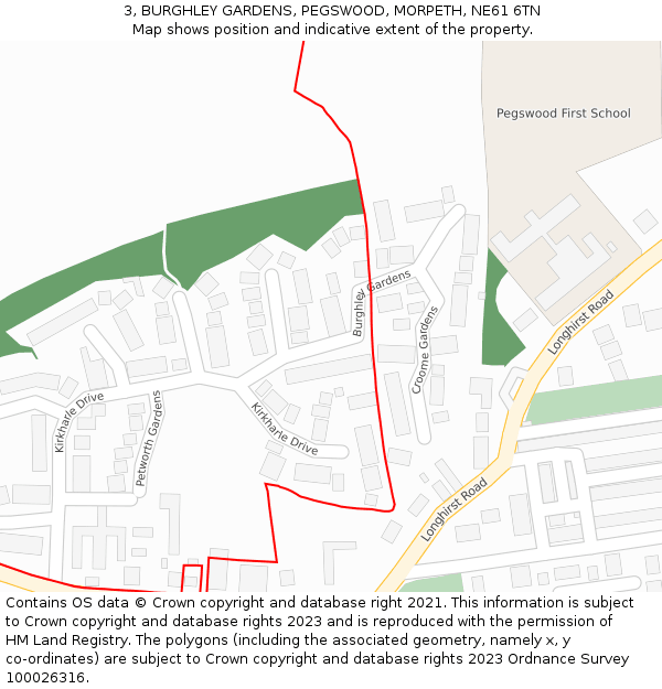 3, BURGHLEY GARDENS, PEGSWOOD, MORPETH, NE61 6TN: Location map and indicative extent of plot