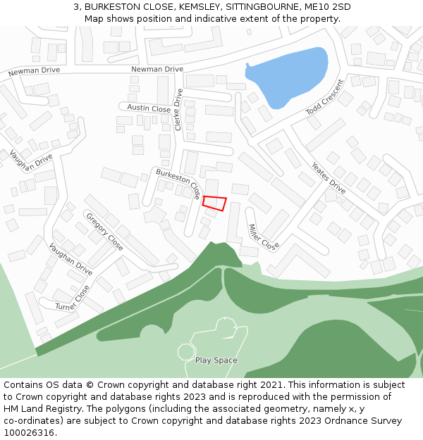 3, BURKESTON CLOSE, KEMSLEY, SITTINGBOURNE, ME10 2SD: Location map and indicative extent of plot