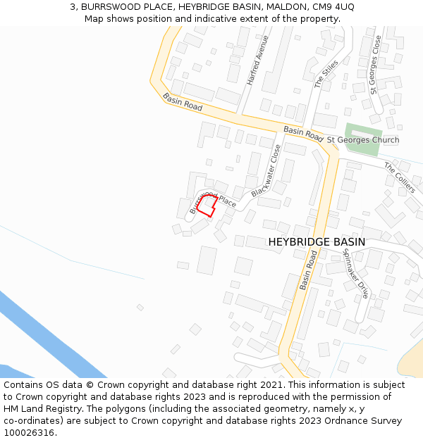 3, BURRSWOOD PLACE, HEYBRIDGE BASIN, MALDON, CM9 4UQ: Location map and indicative extent of plot