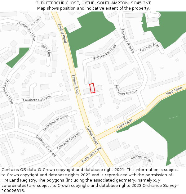 3, BUTTERCUP CLOSE, HYTHE, SOUTHAMPTON, SO45 3NT: Location map and indicative extent of plot