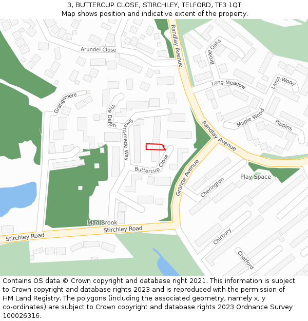 3, BUTTERCUP CLOSE, STIRCHLEY, TELFORD, TF3 1QT: Location map and indicative extent of plot