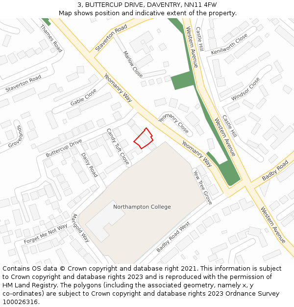3, BUTTERCUP DRIVE, DAVENTRY, NN11 4FW: Location map and indicative extent of plot