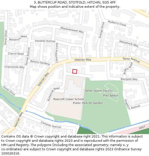 3, BUTTERCUP ROAD, STOTFOLD, HITCHIN, SG5 4PF: Location map and indicative extent of plot