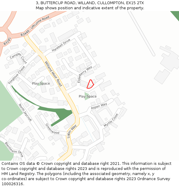 3, BUTTERCUP ROAD, WILLAND, CULLOMPTON, EX15 2TX: Location map and indicative extent of plot