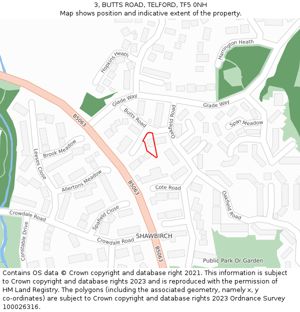 3, BUTTS ROAD, TELFORD, TF5 0NH: Location map and indicative extent of plot