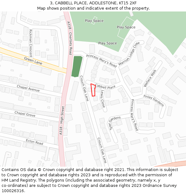 3, CABBELL PLACE, ADDLESTONE, KT15 2XF: Location map and indicative extent of plot