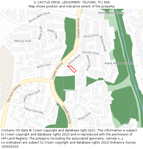 3, CACTUS DRIVE, LEEGOMERY, TELFORD, TF1 6XA: Location map and indicative extent of plot
