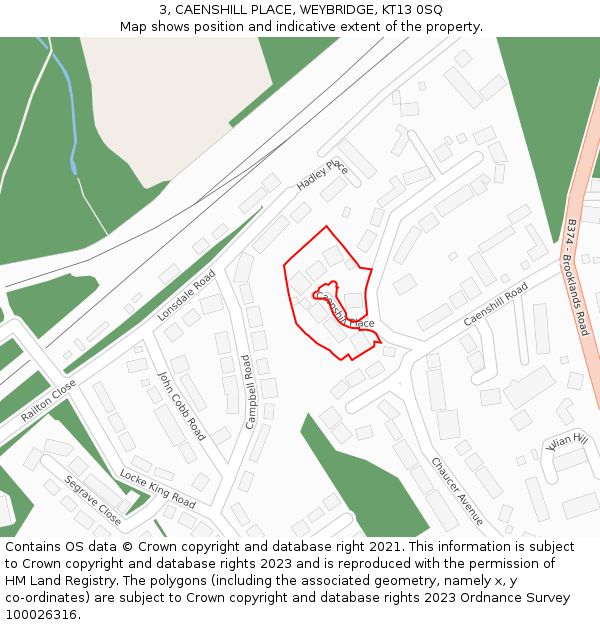 3, CAENSHILL PLACE, WEYBRIDGE, KT13 0SQ: Location map and indicative extent of plot