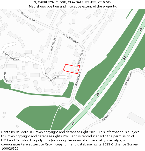3, CAERLEON CLOSE, CLAYGATE, ESHER, KT10 0TY: Location map and indicative extent of plot
