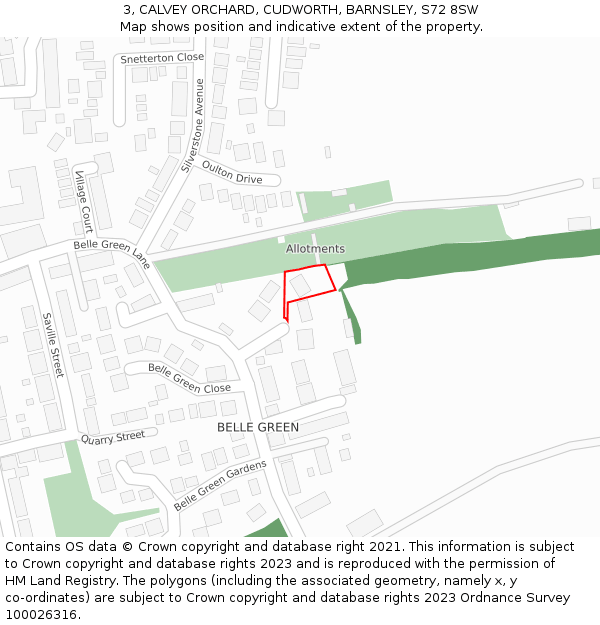 3, CALVEY ORCHARD, CUDWORTH, BARNSLEY, S72 8SW: Location map and indicative extent of plot