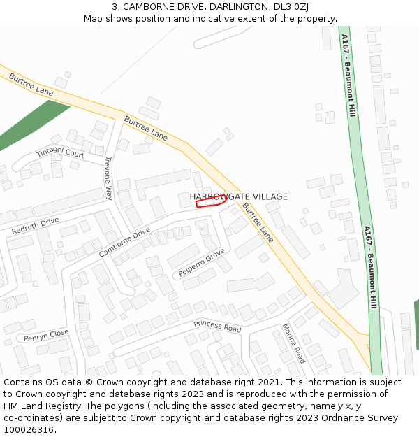 3, CAMBORNE DRIVE, DARLINGTON, DL3 0ZJ: Location map and indicative extent of plot