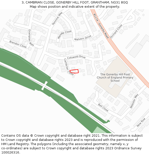 3, CAMBRIAN CLOSE, GONERBY HILL FOOT, GRANTHAM, NG31 8GQ: Location map and indicative extent of plot