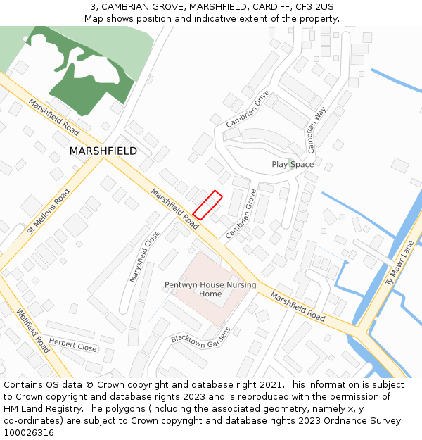 3, CAMBRIAN GROVE, MARSHFIELD, CARDIFF, CF3 2US: Location map and indicative extent of plot
