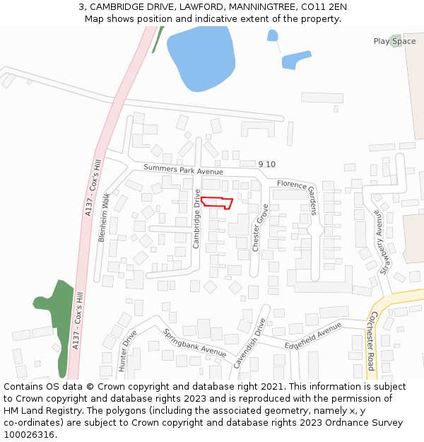 3, CAMBRIDGE DRIVE, LAWFORD, MANNINGTREE, CO11 2EN: Location map and indicative extent of plot