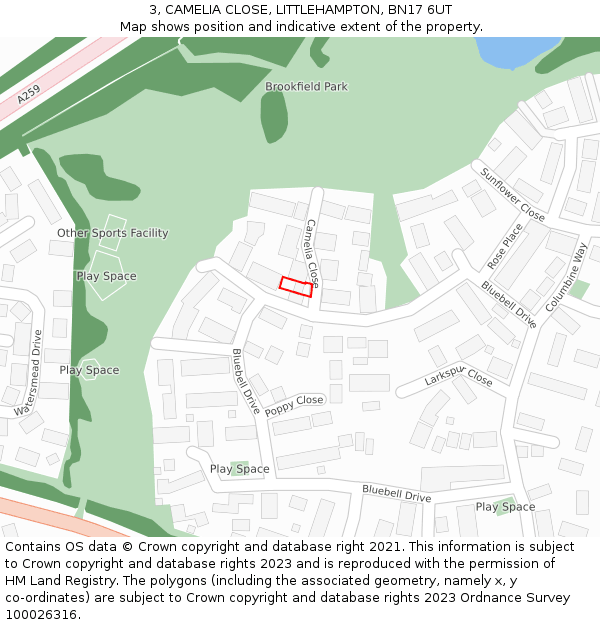 3, CAMELIA CLOSE, LITTLEHAMPTON, BN17 6UT: Location map and indicative extent of plot