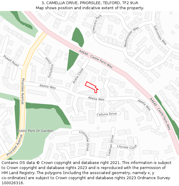 3, CAMELLIA DRIVE, PRIORSLEE, TELFORD, TF2 9UA: Location map and indicative extent of plot