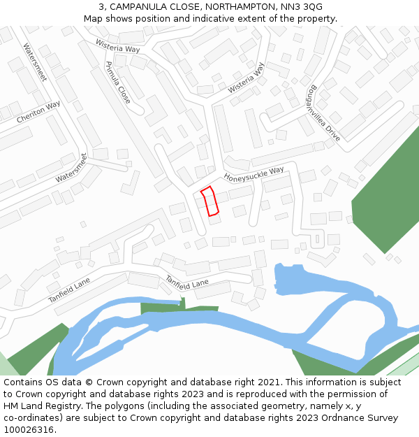 3, CAMPANULA CLOSE, NORTHAMPTON, NN3 3QG: Location map and indicative extent of plot