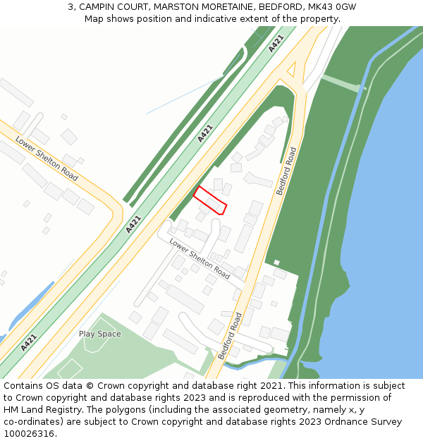 3, CAMPIN COURT, MARSTON MORETAINE, BEDFORD, MK43 0GW: Location map and indicative extent of plot