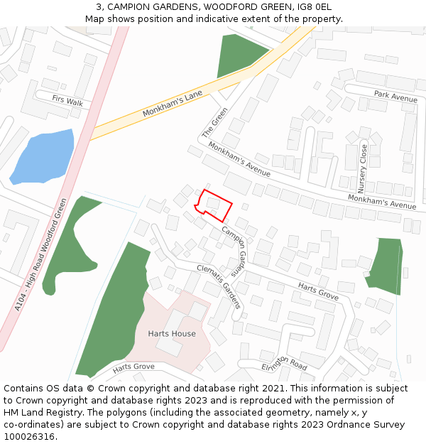 3, CAMPION GARDENS, WOODFORD GREEN, IG8 0EL: Location map and indicative extent of plot