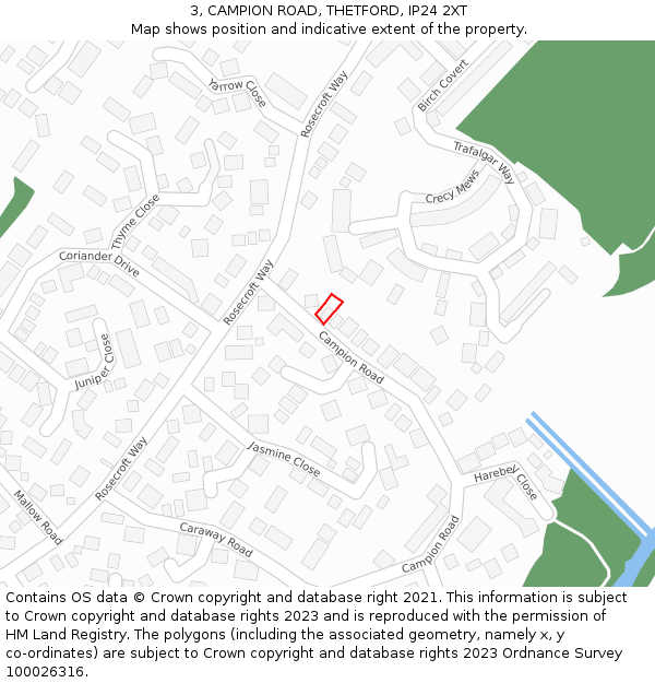 3, CAMPION ROAD, THETFORD, IP24 2XT: Location map and indicative extent of plot