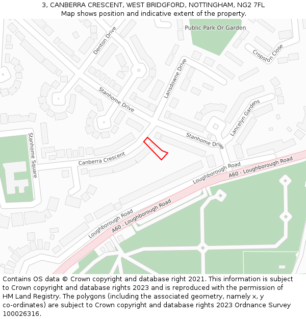 3, CANBERRA CRESCENT, WEST BRIDGFORD, NOTTINGHAM, NG2 7FL: Location map and indicative extent of plot