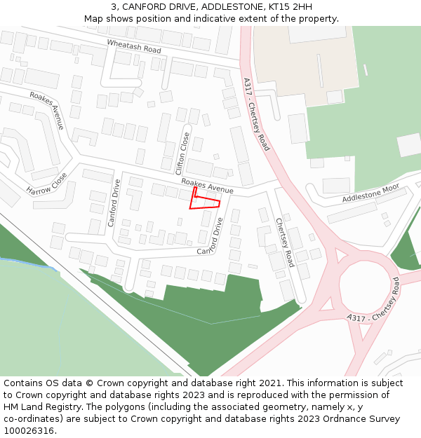 3, CANFORD DRIVE, ADDLESTONE, KT15 2HH: Location map and indicative extent of plot