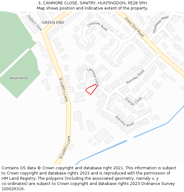 3, CANMORE CLOSE, SAWTRY, HUNTINGDON, PE28 5PH: Location map and indicative extent of plot