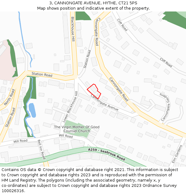 3, CANNONGATE AVENUE, HYTHE, CT21 5PS: Location map and indicative extent of plot