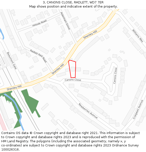 3, CANONS CLOSE, RADLETT, WD7 7ER: Location map and indicative extent of plot