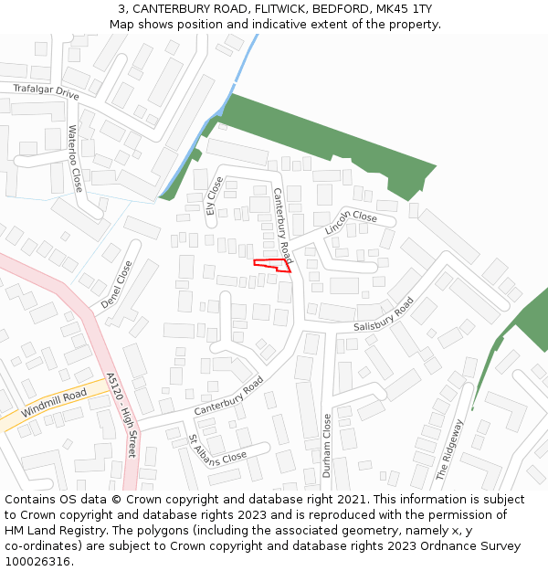 3, CANTERBURY ROAD, FLITWICK, BEDFORD, MK45 1TY: Location map and indicative extent of plot