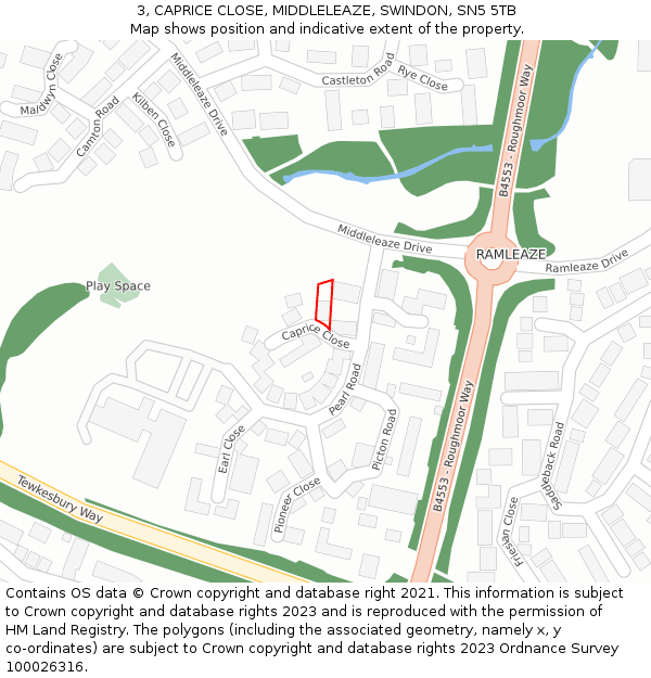 3, CAPRICE CLOSE, MIDDLELEAZE, SWINDON, SN5 5TB: Location map and indicative extent of plot