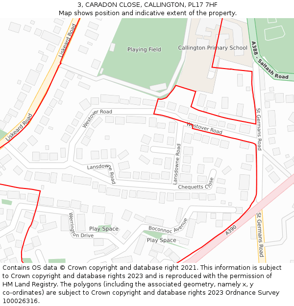 3, CARADON CLOSE, CALLINGTON, PL17 7HF: Location map and indicative extent of plot