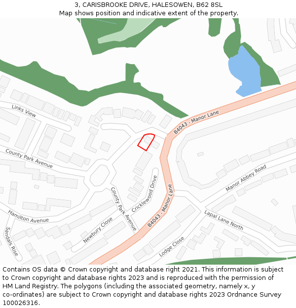 3, CARISBROOKE DRIVE, HALESOWEN, B62 8SL: Location map and indicative extent of plot