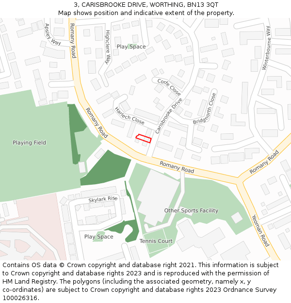3, CARISBROOKE DRIVE, WORTHING, BN13 3QT: Location map and indicative extent of plot