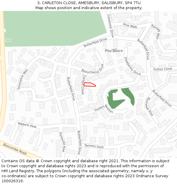 3, CARLETON CLOSE, AMESBURY, SALISBURY, SP4 7TU: Location map and indicative extent of plot