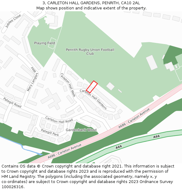 3, CARLETON HALL GARDENS, PENRITH, CA10 2AL: Location map and indicative extent of plot