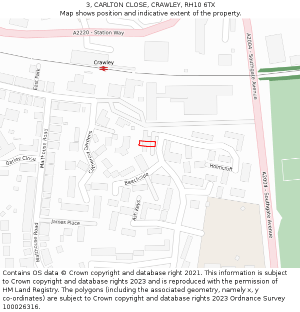 3, CARLTON CLOSE, CRAWLEY, RH10 6TX: Location map and indicative extent of plot