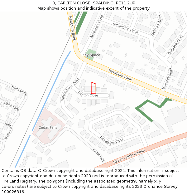 3, CARLTON CLOSE, SPALDING, PE11 2UP: Location map and indicative extent of plot