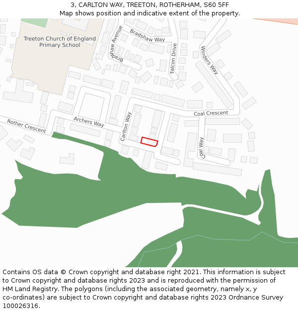 3, CARLTON WAY, TREETON, ROTHERHAM, S60 5FF: Location map and indicative extent of plot