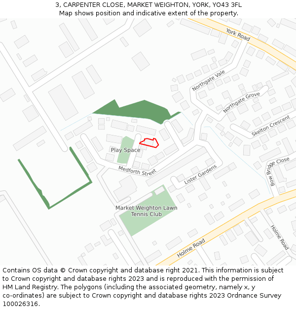 3, CARPENTER CLOSE, MARKET WEIGHTON, YORK, YO43 3FL: Location map and indicative extent of plot