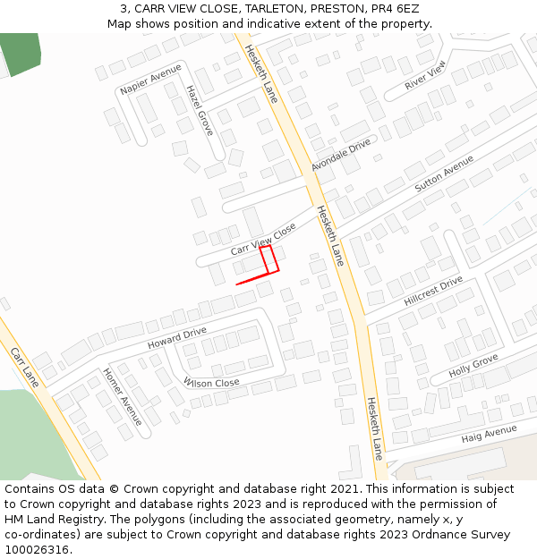 3, CARR VIEW CLOSE, TARLETON, PRESTON, PR4 6EZ: Location map and indicative extent of plot