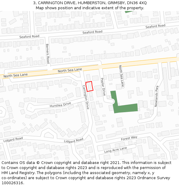 3, CARRINGTON DRIVE, HUMBERSTON, GRIMSBY, DN36 4XQ: Location map and indicative extent of plot