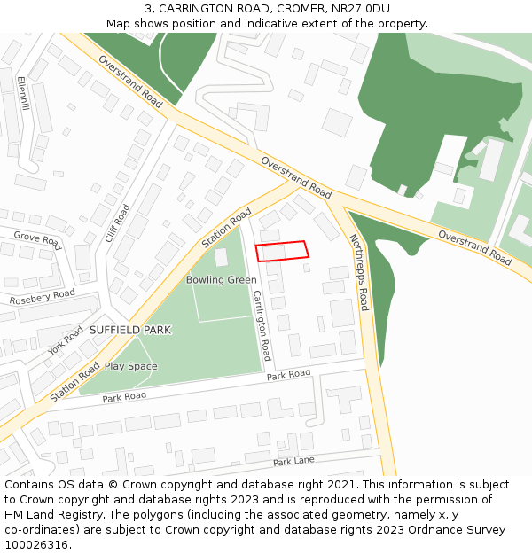 3, CARRINGTON ROAD, CROMER, NR27 0DU: Location map and indicative extent of plot