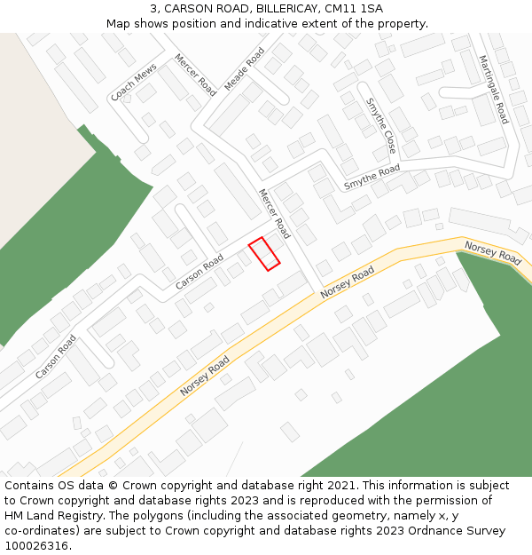 3, CARSON ROAD, BILLERICAY, CM11 1SA: Location map and indicative extent of plot