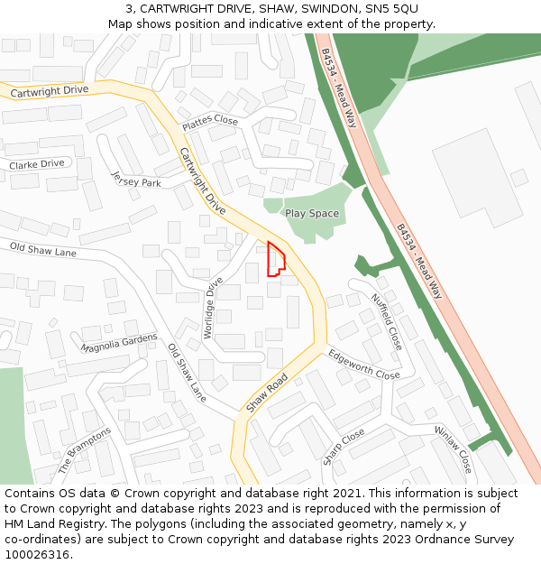 3, CARTWRIGHT DRIVE, SHAW, SWINDON, SN5 5QU: Location map and indicative extent of plot