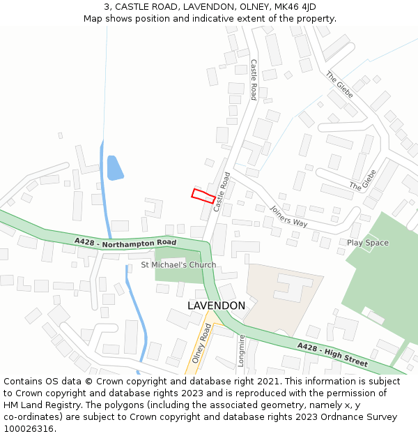 3, CASTLE ROAD, LAVENDON, OLNEY, MK46 4JD: Location map and indicative extent of plot