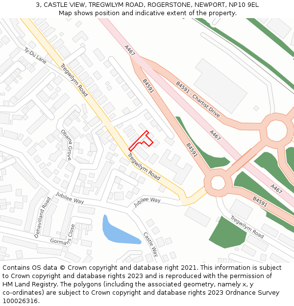 3, CASTLE VIEW, TREGWILYM ROAD, ROGERSTONE, NEWPORT, NP10 9EL: Location map and indicative extent of plot